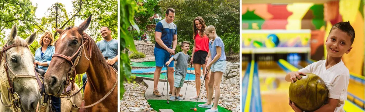 An energetic scene depicting families enjoying mini-golf, children horseback riding, and a vibrant bowling alley. The joy and laughter on everyone's faces communicate a sense of adventure, variety, and togetherness. The outdoor setting reinforces a connection to local attractions and fun activities for all ages.